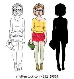 Fashion romantic girl, beautiful European. Hand drawn style, coloring, colorful, silhouette.