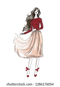 fashion romantic outfit with wavy skirt sketch