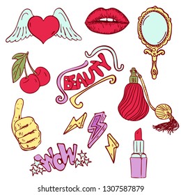 Fashion romantic trendy modern icon set vector pattern with lips, cherry, stars, hearts, hands, lipstick, perfume, mirror and lightning