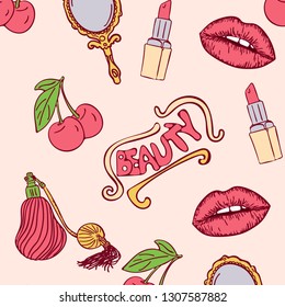 Fashion romantic trendy modern seamless vector pattern with lips, cherry, lipstick, mirror, perfume