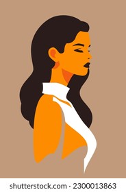 Fashion romantic woman brunette retro hair pastel paint color poster contemporary art vector flat illustration. Elegant female portrait minimalist silhouette artwork trendy avatar t shirt print card