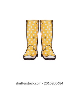 Fashion Rubber Boots For Autumn Or Spring Season. Yellow Spotted Waterproof Kid Or Woman Wellies In Rainy Weather. Vector Sketch Illustration Isolated On A White Background.