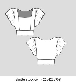 Fashion Ruffle butterfly sleeve square neck ruffle sleeve crop top ruffle detail  t shirt blouse top  Apparel Clothing flat sketch technical drawing template design vector