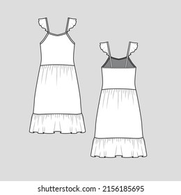 Fashion Ruffle Strap Peplum Dress Sleeveless Camisole Tank Peplum Dress Ruffle Flounce Flare Hem Clothing Flat Sketch Drawing Template Design Vector