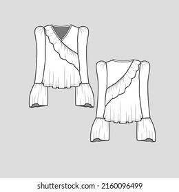 Fashion Ruffles Bell sleeve top v neck Ruffles detail puff sleeve ruffles flare long bell sleeve fashion t shirt top blouse clothing flat sketch technical drawing template design vector