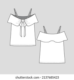 Fashion Ruffles Camisole tie knot bow womens top flat sketch technical drawing template cad design vector