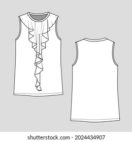 Fashion ruffles decorative tank tops flat sketch technical drawing vector design 