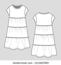 Fashion Ruffles Dress Crew Neck Cap Sleeve Fashion Dress  cad  flat sketch drawing template design vector