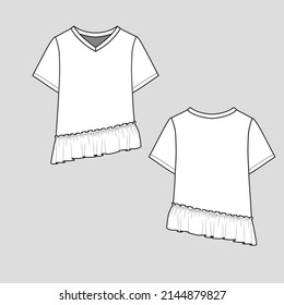 Fashion Ruffles hem  top v neck cross ruffle hem detail short sleeve cad mock up fashion flat sketch technical drawing template design vector