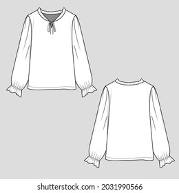 Ropa de moda nudos atar cuello largo de manga juntándolos camiseta Blouse dibujo técnico superior dibujo plano dibujo plano plantilla de diseño vectorial