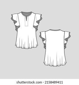 Fashion Ruffles sleeve top crew neck v keyhole layered ruffles detail on sleeve flare hem fashion t shirt top blouse clothing flat sketch technical drawing template design vector