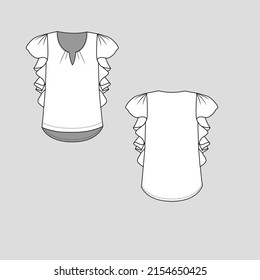 Fashion Ruffles sleeve top notch Neck pleat detail ruffles sleeve high low dip hem  t shirt top blouse  Clothing flat sketch technical drawing template design vector