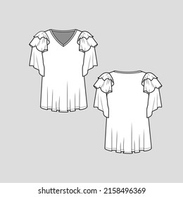 Fashion Ruffles sleeve top V neck rib layered ruffles detail on sleeve flare hem fashion t shirt top blouse clothing flat sketch technical drawing template design vector