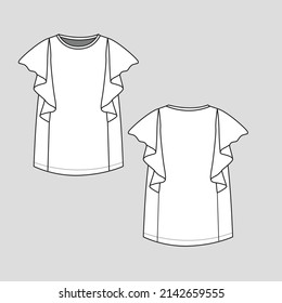 Fashion Ruffles sleeveless top crew neck ruffles detail t shirt blouse. fashion flat sketch technical drawing template design vector