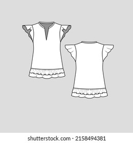 Fashion Ruffles top blouse ruffles sleeve notch neck layered ruffles hem fashion t shirt flat sketch technical drawing template design vector