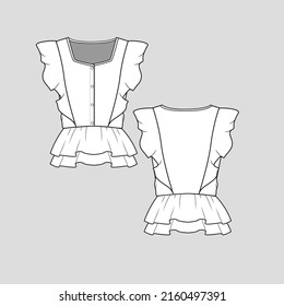 Fashion Ruffles top button panel ruffles detail waist gathering flat sketch technical drawing template design vector