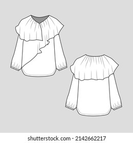fashion Ruffles top Ruffles detail long sleeve gathering hem v neck. womens cad mockup flat sketch template drawing design vector