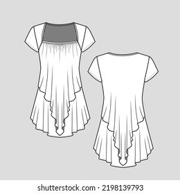 Fashion Ruffles Top Short Sleeve Neck Gathering  Layered Ruffles Design Template  Cad Drawing sketch