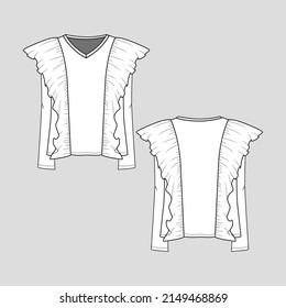 moda Ruffles arriba v cuello ala espuma detalle de la manga larga moda burla de la cad sketch plano diseño de plantilla técnica de dibujo vector