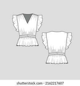 Fashion Ruffles Top v neck waist elastic gatherings ruffles sleeve shoulder gatherings detail clothing fashion flat sketch technical drawing template design vector