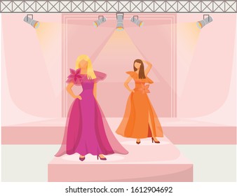 Fashion runway girls flat color vector illustration. Models demonstrate new trends, clothes and accessories. New collection catwalk females isolated cartoon character on pink background