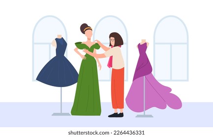 Fashion runway preparation scene with designer trying on clothes on model, flat vector illustration isolated on white background. Fashion and clothing design show.