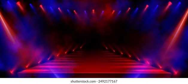 Fashion runway stage with spotlight background. Gala catwalk with red and blue bright beam for entertainment concert at night. Empty party scene with smoke effect. 3d neon disco performance podium