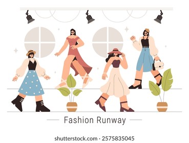 Fashion Runway Vector Illustration featuring Female Models Showcasing Trendy New Outfits on a Catwalk Ramp During a Fashion Show in a Background