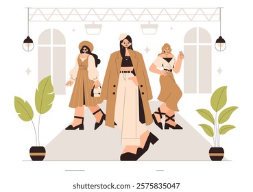 Fashion Runway Vector Illustration featuring Female Models Showcasing Trendy New Outfits on a Catwalk Ramp During a Fashion Show in a Background