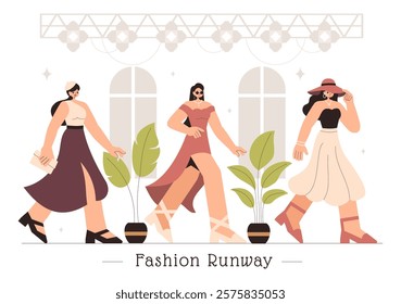 Fashion Runway Vector Illustration featuring Female Models Showcasing Trendy New Outfits on a Catwalk Ramp During a Fashion Show in a Background