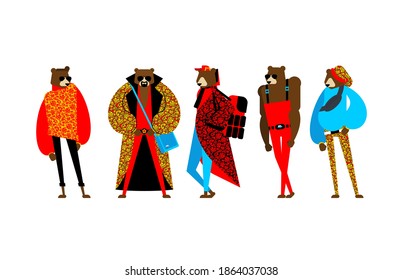 Fashion Russian Bear set. trendy beast model. Folk Fashionable Russia. Cool fashion-monger animal. Hipster traditional costume 