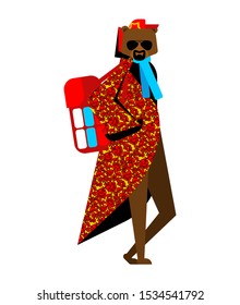 Fashion Russian Bear. trendy beast model. Folk Fashionable Russia. Cool fashion-monger animal. Hipster traditional costume 