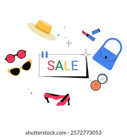 Fashion Sale Accessories In Flat Vector Illustration Symbolizing Discounts, Shopping, And Style, Isolated On White Background