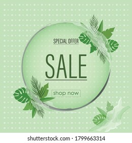 Fashion sale banner design background with circle frame, special offer text. Green sale banner. Vector illustration.