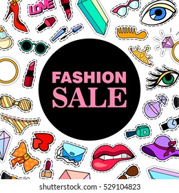 Fashion Sale banner for online shopping. Vector illustrations for website and mobile, posters, emai. Sale design, trendy patches in cartoon 80s-90s comic style. Eps10
