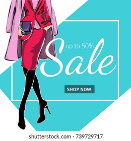 Fashion sale banner with woman fashion silhouette, online shopping social media ads web template with beautiful girl. Vector illustration art