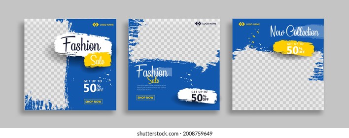 Fashion Sale Editable Minimal Square Banner Template. Blue Background Color With Geometric Shapes For Social Media Post, Story And Web Internet Ads. Vector Illustration