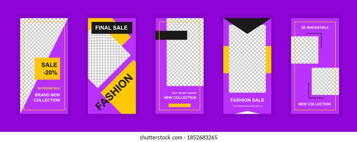 Fashion sale editable templates set for stories. Brand new collection, final sale promotion. Elegant design for social networks. Story mockup with free copy space vector illustration.