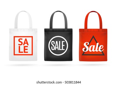 Fashion Sale Fabric Cloth Bag Tote Set with Inscription and Geometric Shapes. Vector illustration