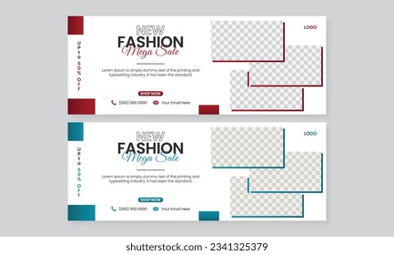 Fashion sale facebook timeline cover banner ad design template set, creative modern minimal professional vector design layout with red and blue gradient color using abstract shapes for marketing promo