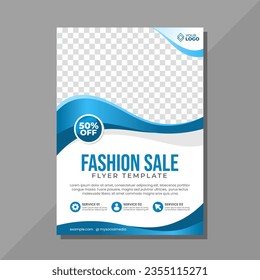 Fashion sale flyer template with blue wave