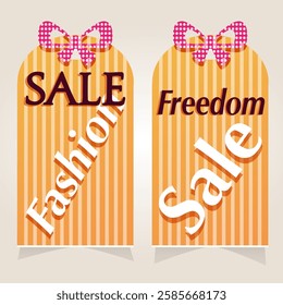 fashion sale, free sale label set striped background with pink bow