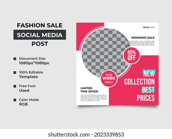 fashion sale offer social media post template design with an image placement, professional color used in the design. Eye catchy, fully editable, well organized square template. vector eps 10 version