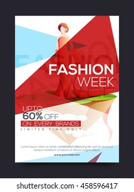 Fashion Sale Poster, Sale Banner, Sale Flyer, Limited Time Sale, Upto 60% off on every brands, Fashion Week design template with illustration of young modern girl, Creative vector illustration.