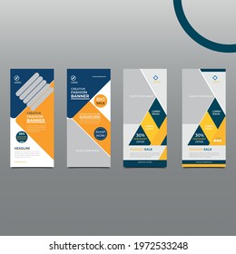 Fashion sale roll up banner design template Set. Horizontal and vertical banner. Social Media Cover ads roll up banner,leaflet, invitation card. Pull up signage banner Print ready editable template.