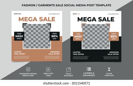 fashion sale social media banner template design with an image placement, two color variation used in the design. Eye catchy, fully editable, well organized square template. vector eps 10 version