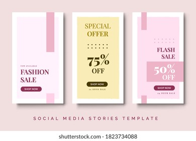 Fashion sale social media instagram stories post with pink pastel color. Trend feminine design with geometric background.