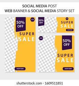 fashion sale social media post, web banner and social media story design template. Minimalist design. Vector illustration