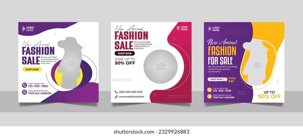 Fashion sale social media post template set, Modern minimal fashion square flyer web banner design.