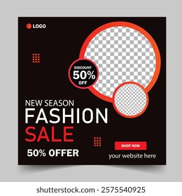 Fashion sale social media post or web banner template design with abstract luxury background, logo and icon. Summer or winter modern style woman dress business online marketing poster